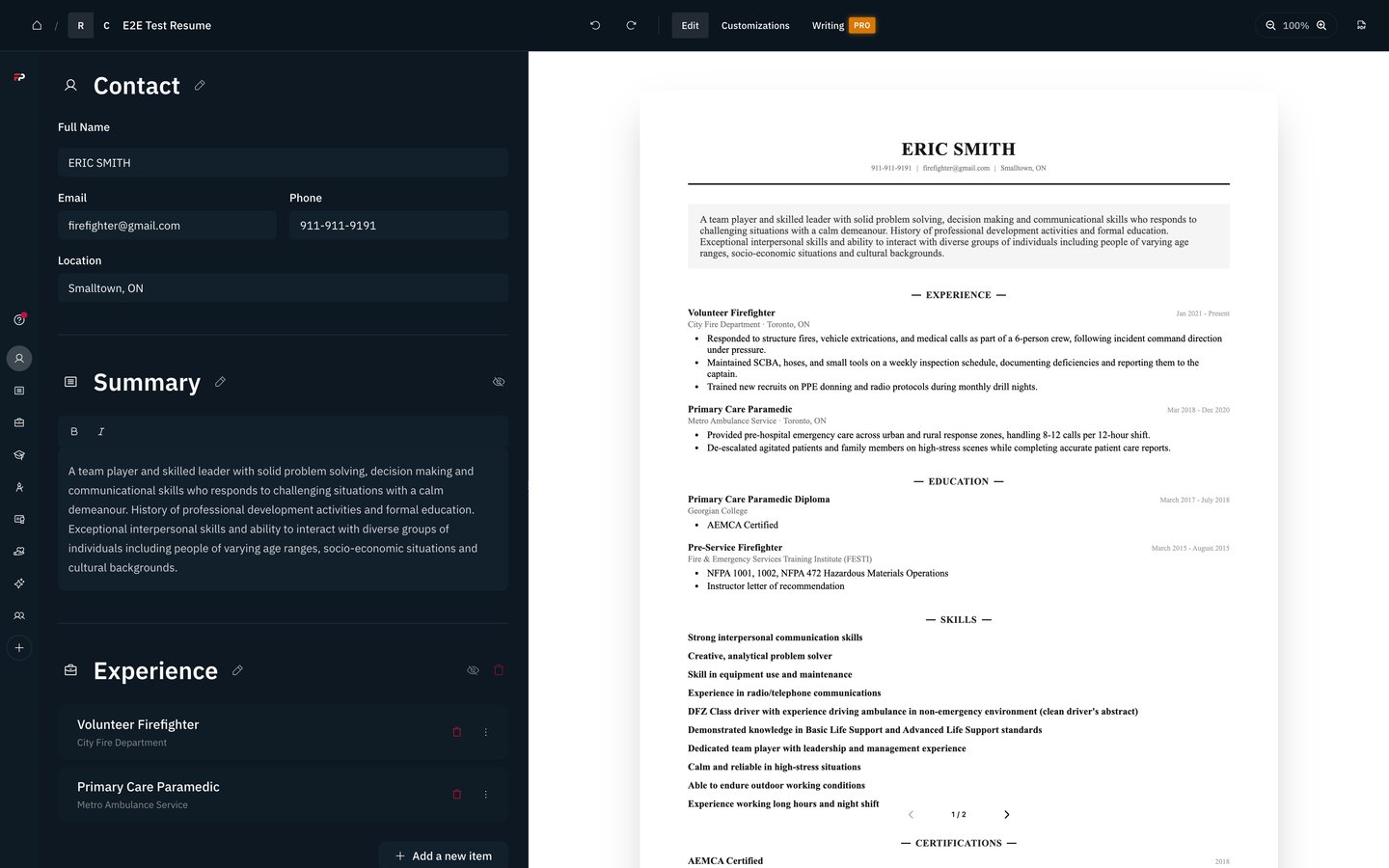 Resume builder edit screen with a live resume preview