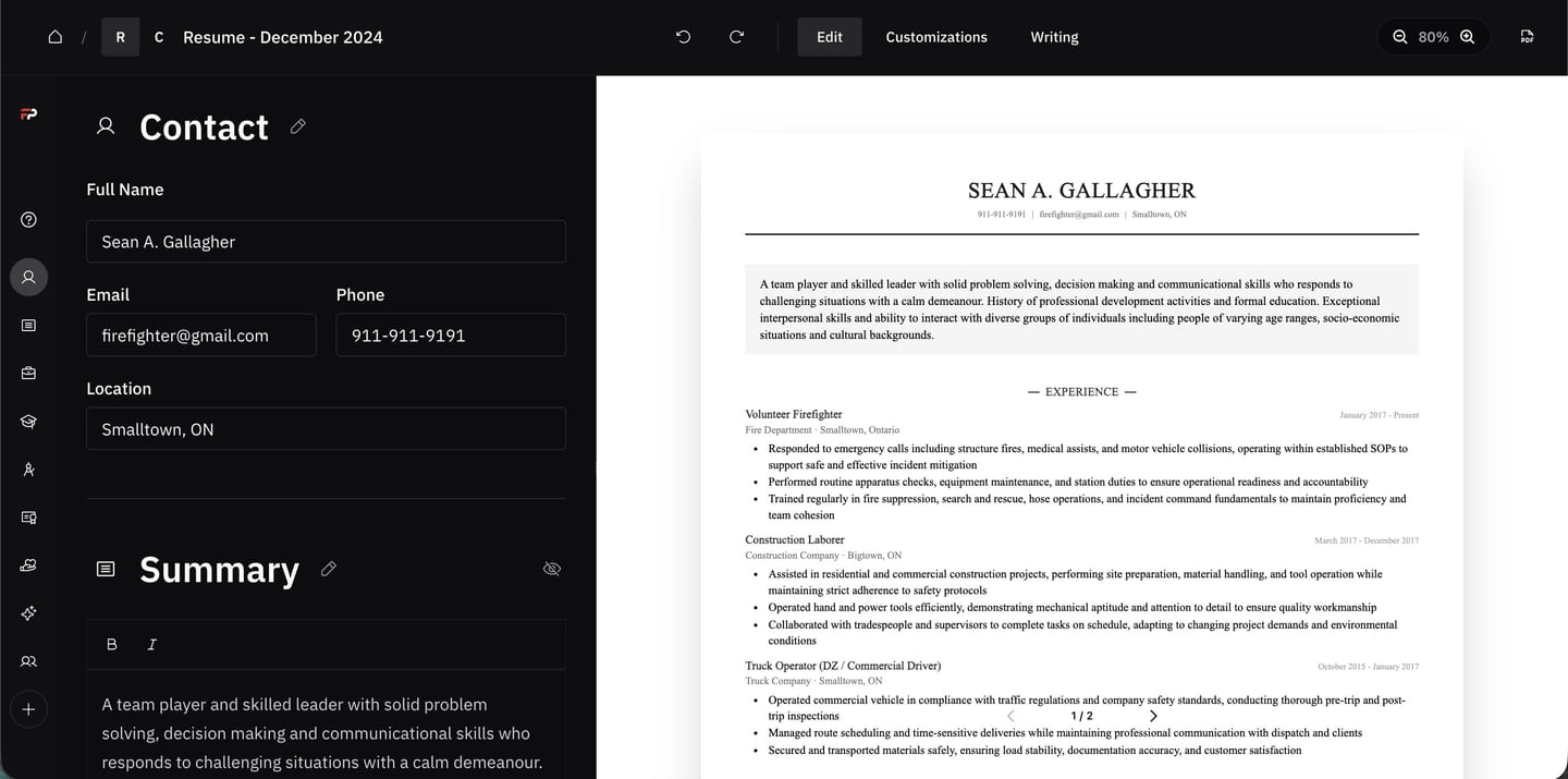 Resume builder interface preview
