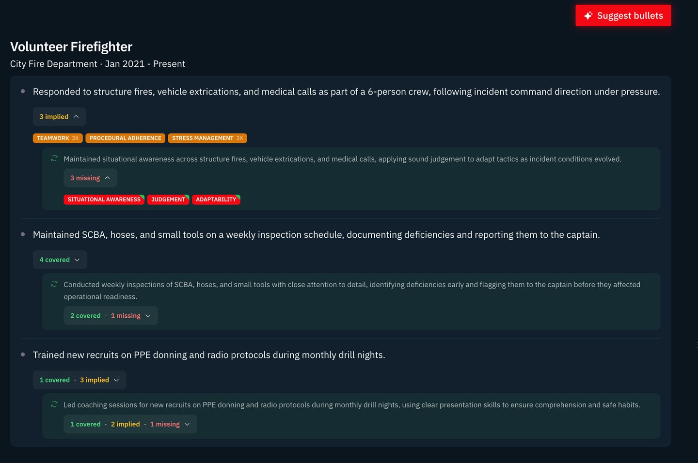 Writing tab with AI bullet suggestions and live skill coverage tracking